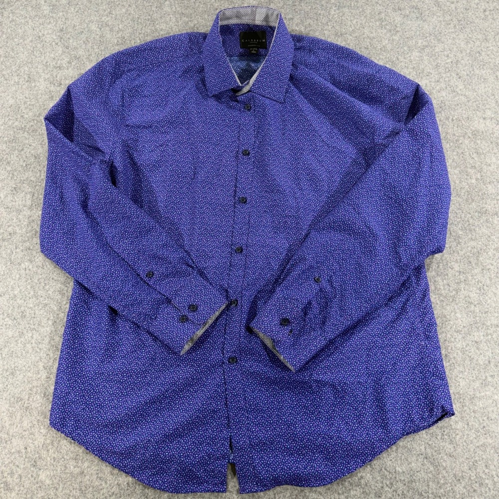 Calabrum London Mens Modern Fit Purple Blue Micro Floral Button Down Shirt L